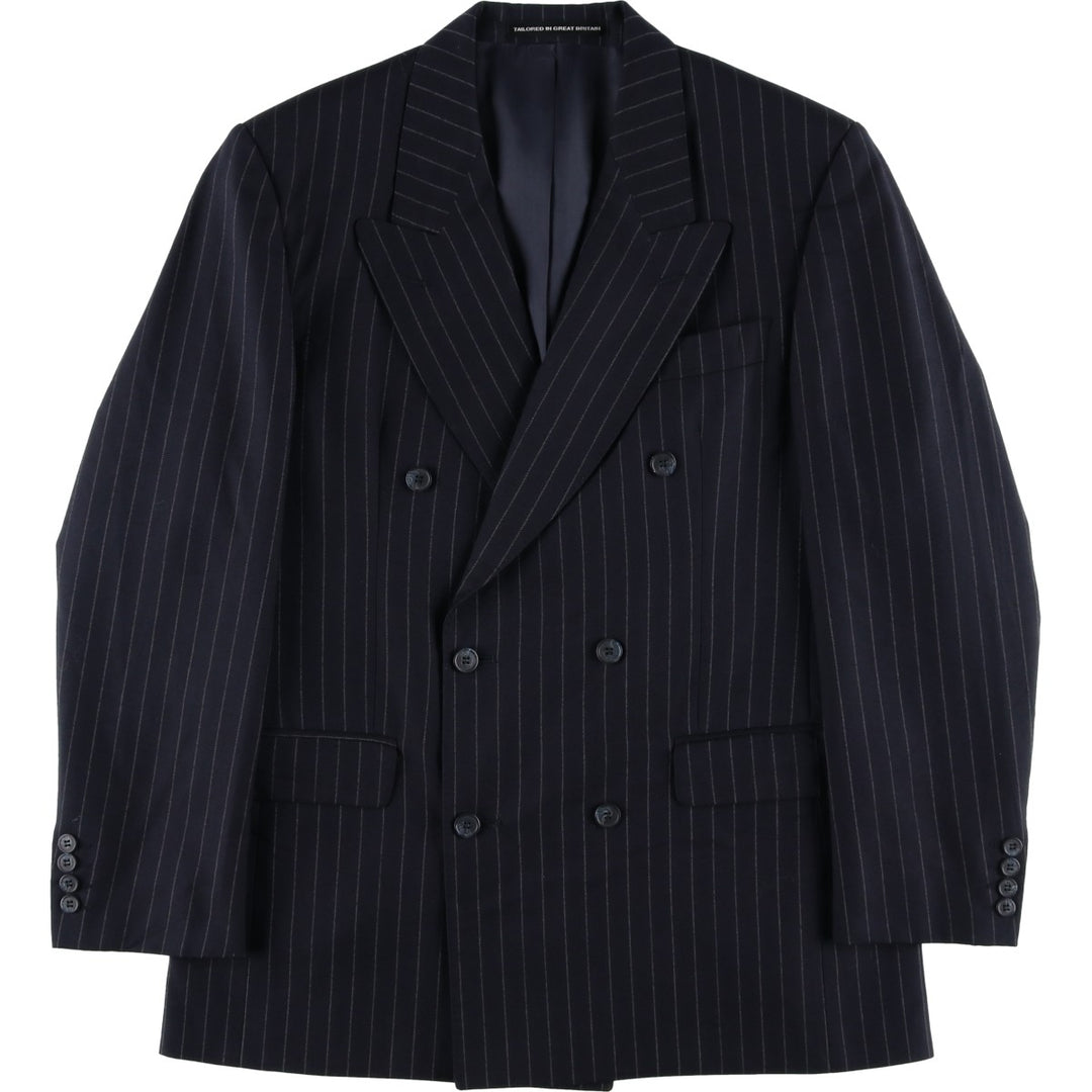 The British Tailor Stripe Pattern Peak Lapel Double-Breasted Wool Tailored Jacket, Made in the UK, Men's Size Medium wool navy blue type Vintage Second Hand