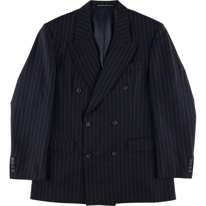 The British Tailor Stripe Pattern Peak Lapel Double-Breasted Wool Tailored Jacket, Made in the UK, Men's Size Medium wool navy blue type Vintage Second Hand
