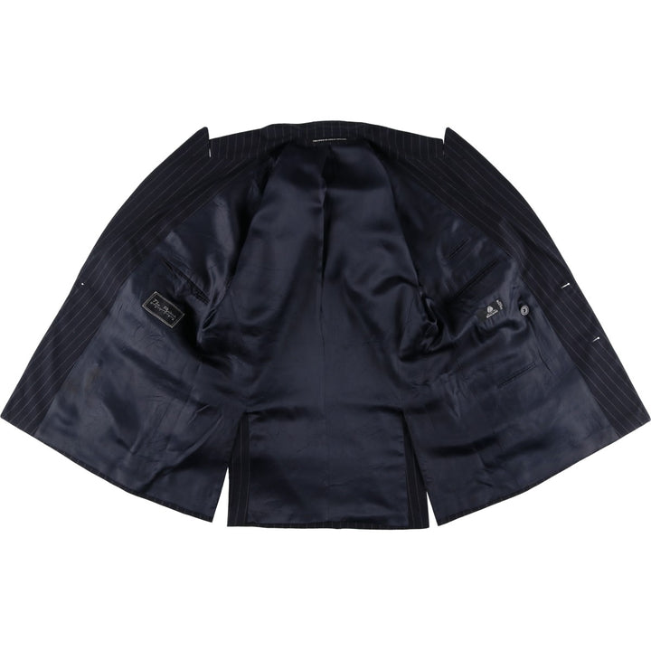 The British Tailor Stripe Pattern Peak Lapel Double-Breasted Wool Tailored Jacket, Made in the UK, Men's Size Medium wool navy blue type Vintage Second Hand