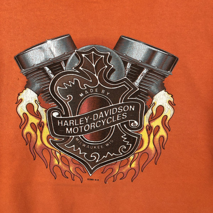 00'S Harley-Davidson Fire Pattern Motorcycle Bike T-Shirt Made in USA Men's XXL cotton orange type Vintage Second Hand