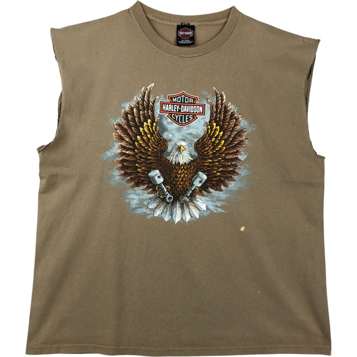 Harley-Davidson Eagle Pattern Cut-Off Motorcycle T-Shirt, Men's Size XL cotton Khaki type beige Vintage Second Hand