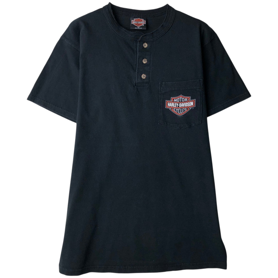 90'S Harley-Davidson Henley Neck Motorcycle T-Shirt, Made in USA, Men's Size M (approx.), Vintage cotton black type Vintage Second Hand