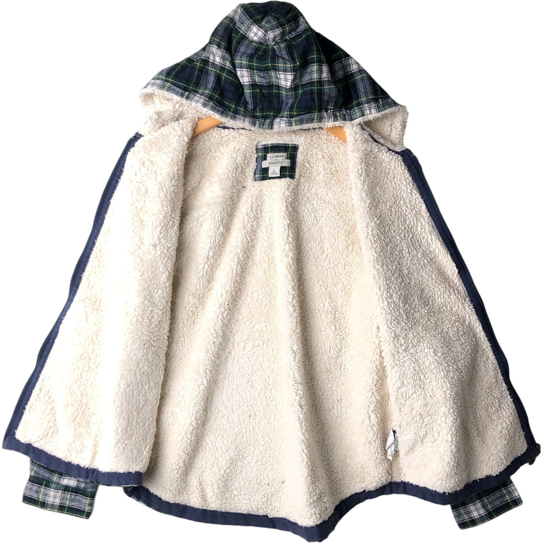 LLBean Relaxed Fit Tartan Check Cotton Parka, Women's Size L cotton navy blue type Vintage Second Hand