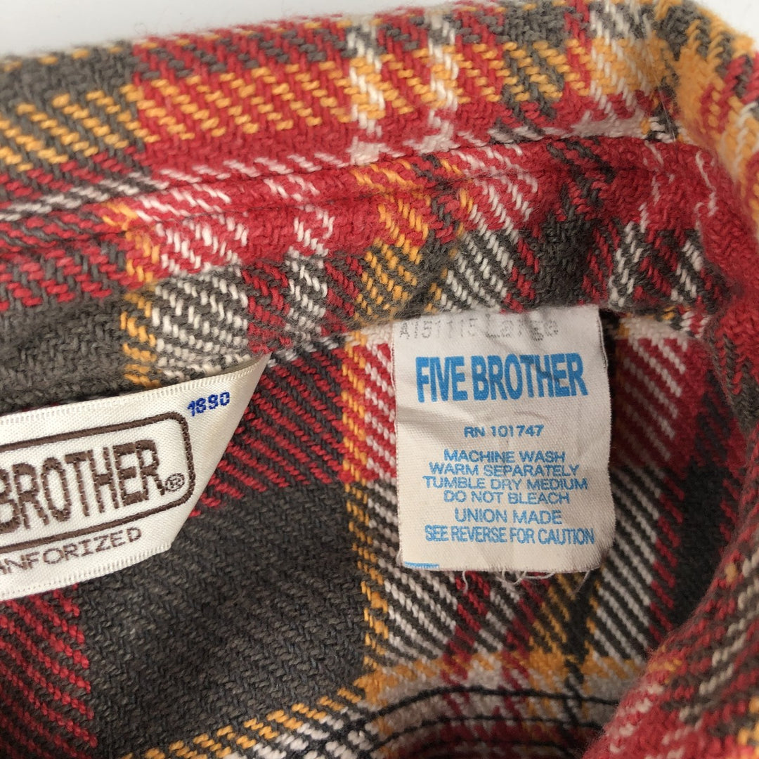 70s~80'S Five Brother Long Sleeve Flannel Check Shirt Made in USA Men's L Size Vintage cotton red type Vintage Second Hand