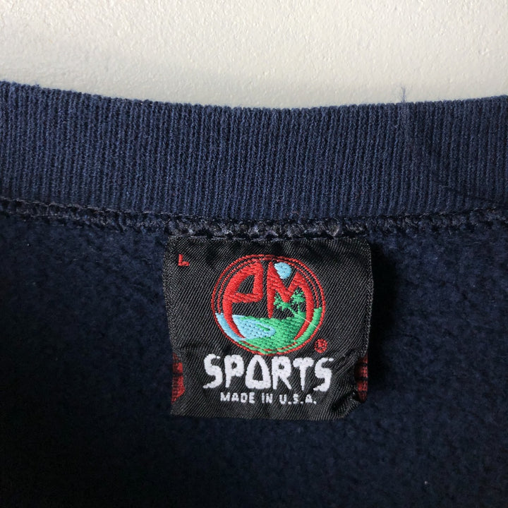 Vintage 90'S PM SPORTS college sweatshirt, made in the USA, size L, men's polyester navy blue type Vintage Second Hand
