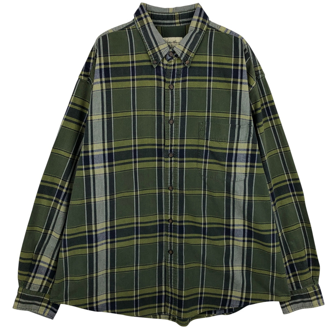 Eddie Bauer Long Sleeve Button-Down Light Flannel Check Shirt, Men's XL cotton green type yellow green Vintage Second Hand