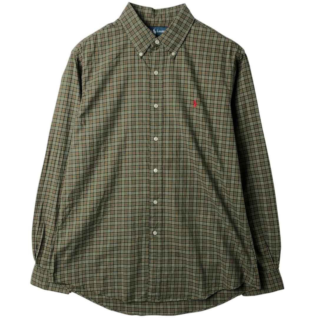 Ralph Lauren CUSTOM FIT long sleeve button down check shirt, men's size L cotton Khaki type Vintage Second Hand