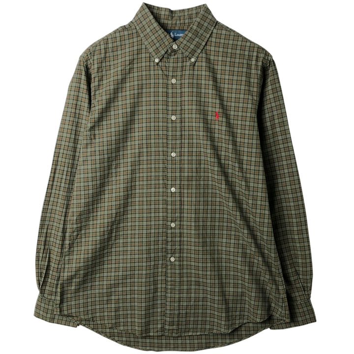 Ralph Lauren CUSTOM FIT long sleeve button down check shirt, men's size L cotton Khaki type Vintage Second Hand