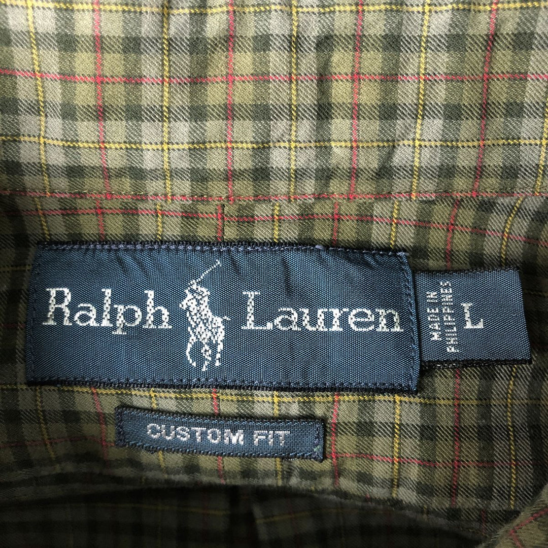 Ralph Lauren CUSTOM FIT long sleeve button down check shirt, men's size L cotton Khaki type Vintage Second Hand