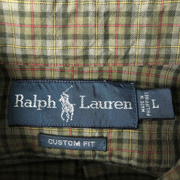Ralph Lauren CUSTOM FIT long sleeve button down check shirt, men's size L cotton Khaki type Vintage Second Hand