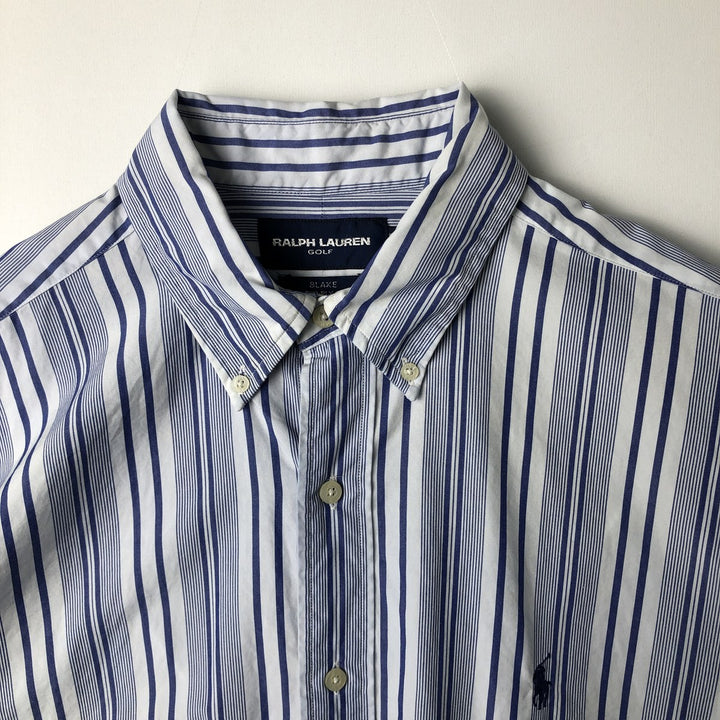 Ralph Lauren GOLF BLAKE Stripe Pattern Long-Sleeve Button-Down Stripe Shirt, Men's Size L (approx.) cotton Purple type blue-purple Vintage Second Hand