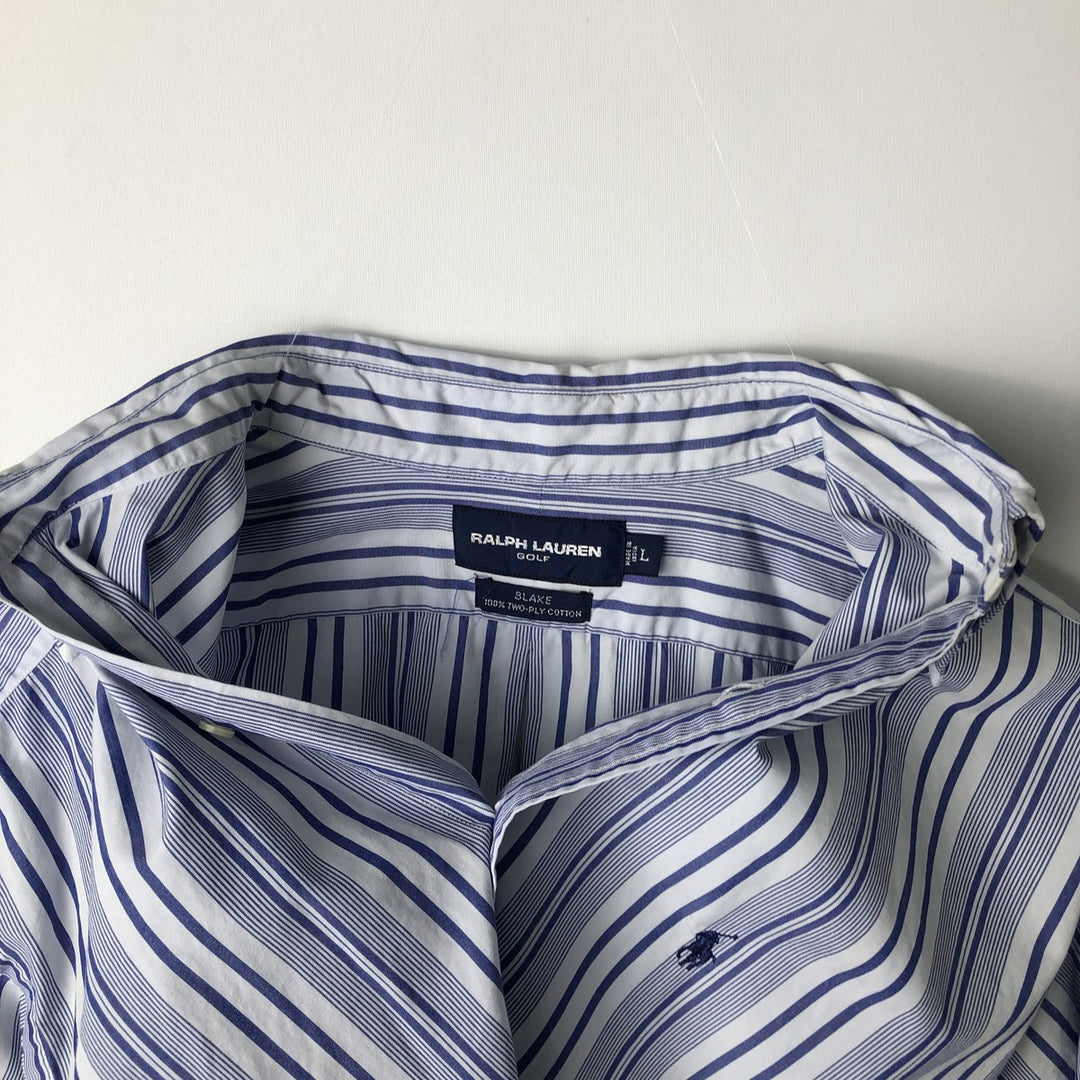 Ralph Lauren GOLF BLAKE Stripe Pattern Long-Sleeve Button-Down Stripe Shirt, Men's Size L (approx.) cotton Purple type blue-purple Vintage Second Hand