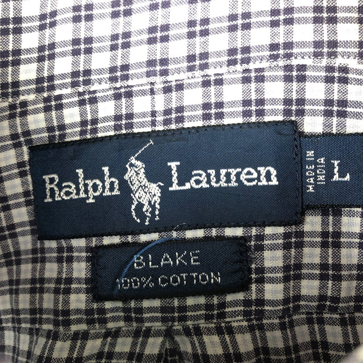 Ralph Lauren BLAKE long sleeve button down check shirt, men's size L cotton navy blue type Vintage Second Hand