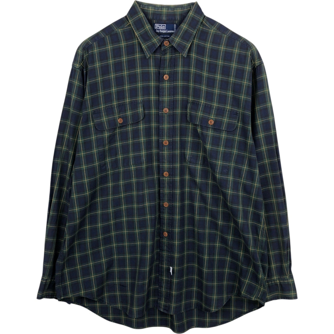 Ralph Lauren POLO by Ralph Lauren long sleeve cotton check shirt, men's XL size cotton navy blue type Vintage Second Hand