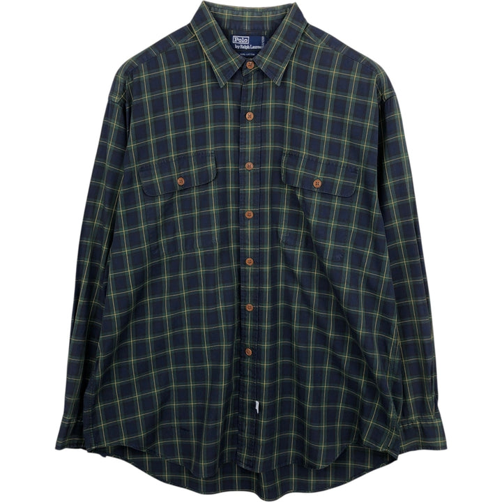Ralph Lauren POLO by Ralph Lauren long sleeve cotton check shirt, men's XL size cotton navy blue type Vintage Second Hand