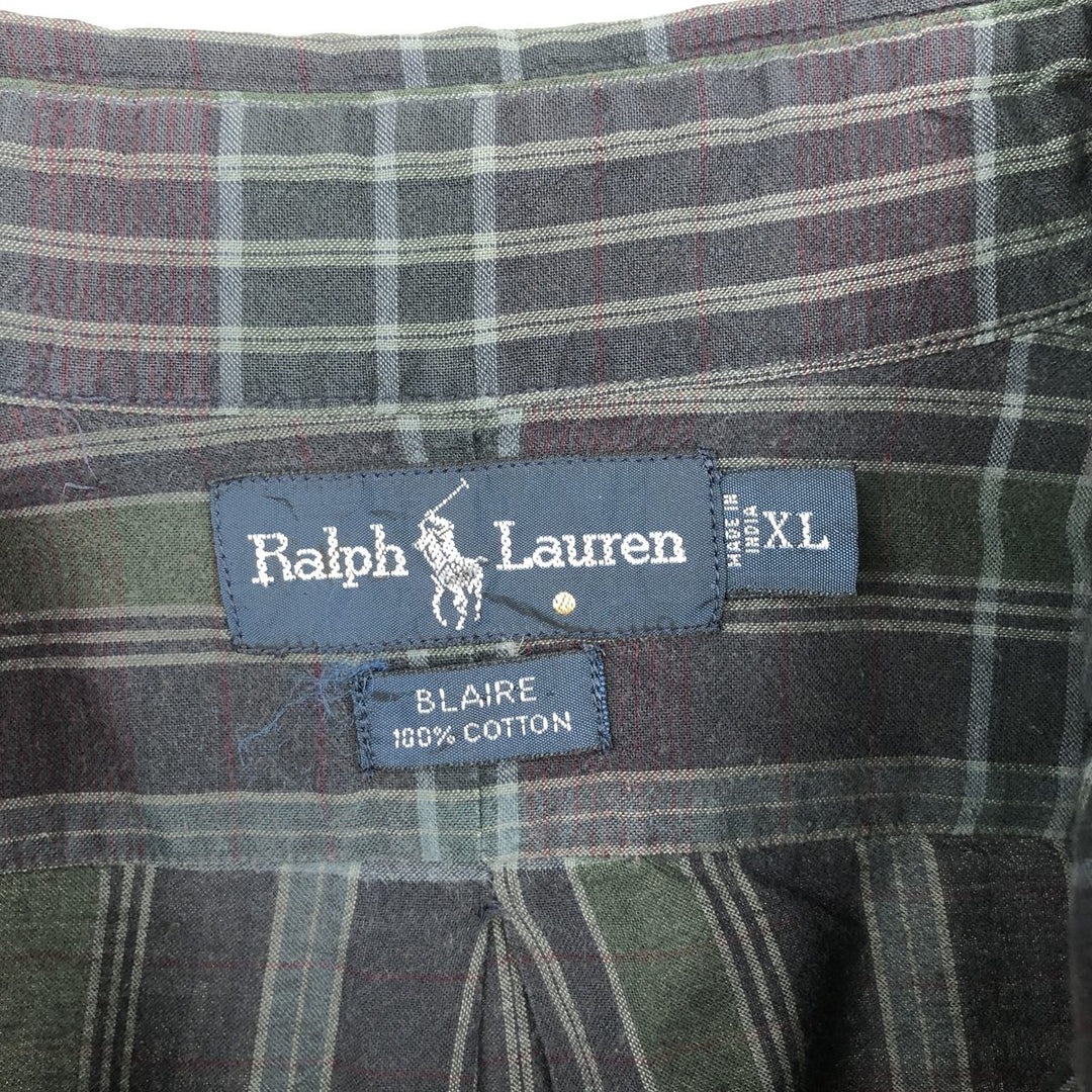 Ralph Lauren BLAIRE long sleeve button down light flannel check shirt men's XL size cotton navy blue type Vintage Second Hand