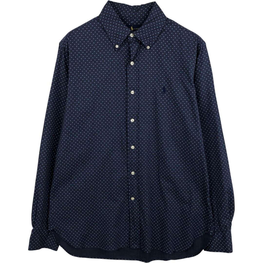 Ralph Lauren all-over print long-sleeved button-down check shirt, men's size M. cotton navy blue type Vintage Second Hand