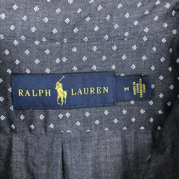 Ralph Lauren all-over print long-sleeved button-down check shirt, men's size M. cotton navy blue type Vintage Second Hand