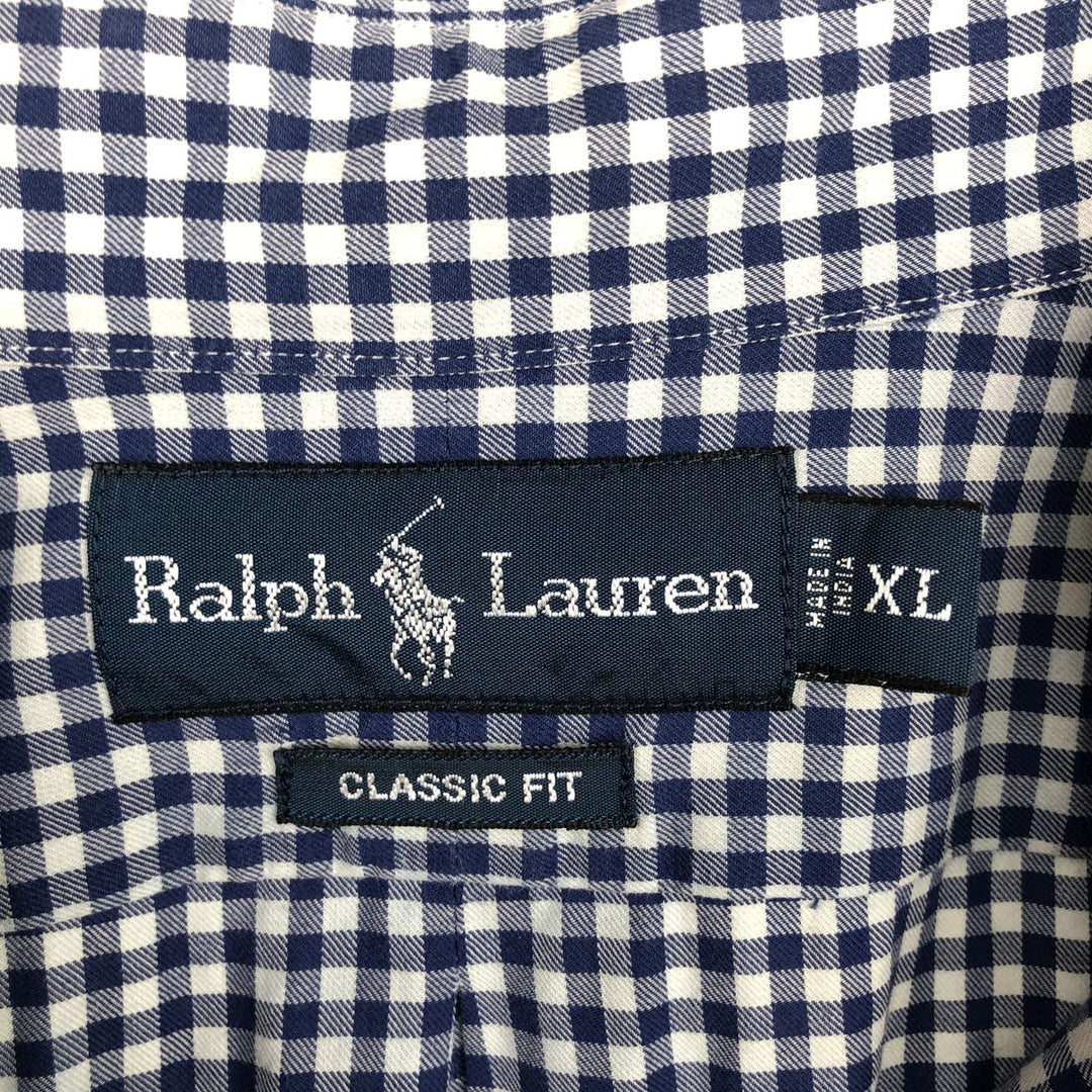 Ralph Lauren CLASSIC FIT Check Pattern Gingham Check Long Sleeve Button-Down Check Shirt, Men's Size XL (approx.) cotton blue type Vintage Second Hand