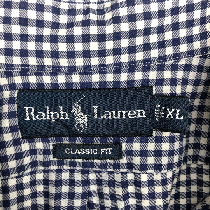 Ralph Lauren CLASSIC FIT Check Pattern Gingham Check Long Sleeve Button-Down Check Shirt, Men's Size XL (approx.) cotton blue type Vintage Second Hand