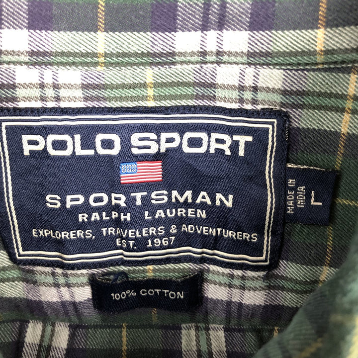 Ralph Lauren POLO SPORT long-sleeved cotton check shirt, men's size L (approx.) cotton green type Vintage Second Hand