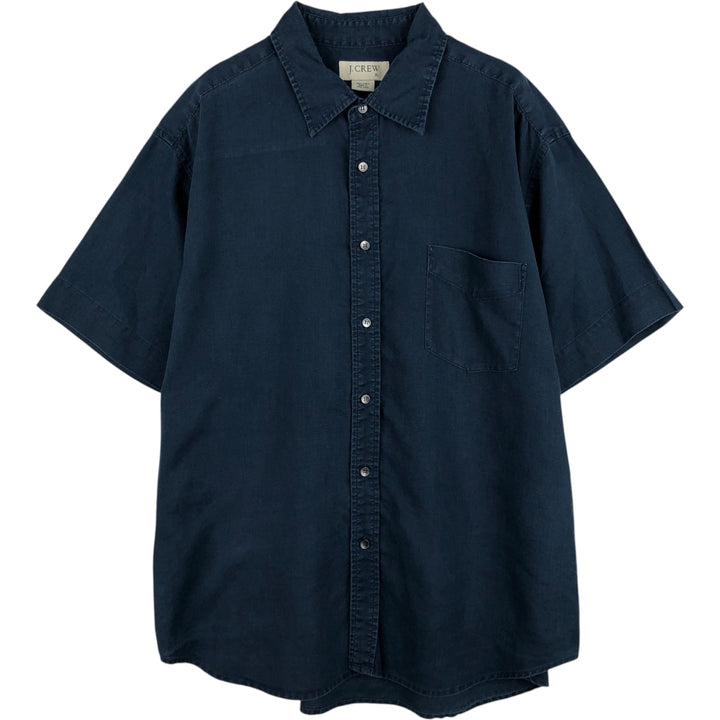 90'S J.Crew Short-Sleeve Linen Shirt, Men's Size XL (Equivalent), Vintage linen navy blue type Vintage Second Hand