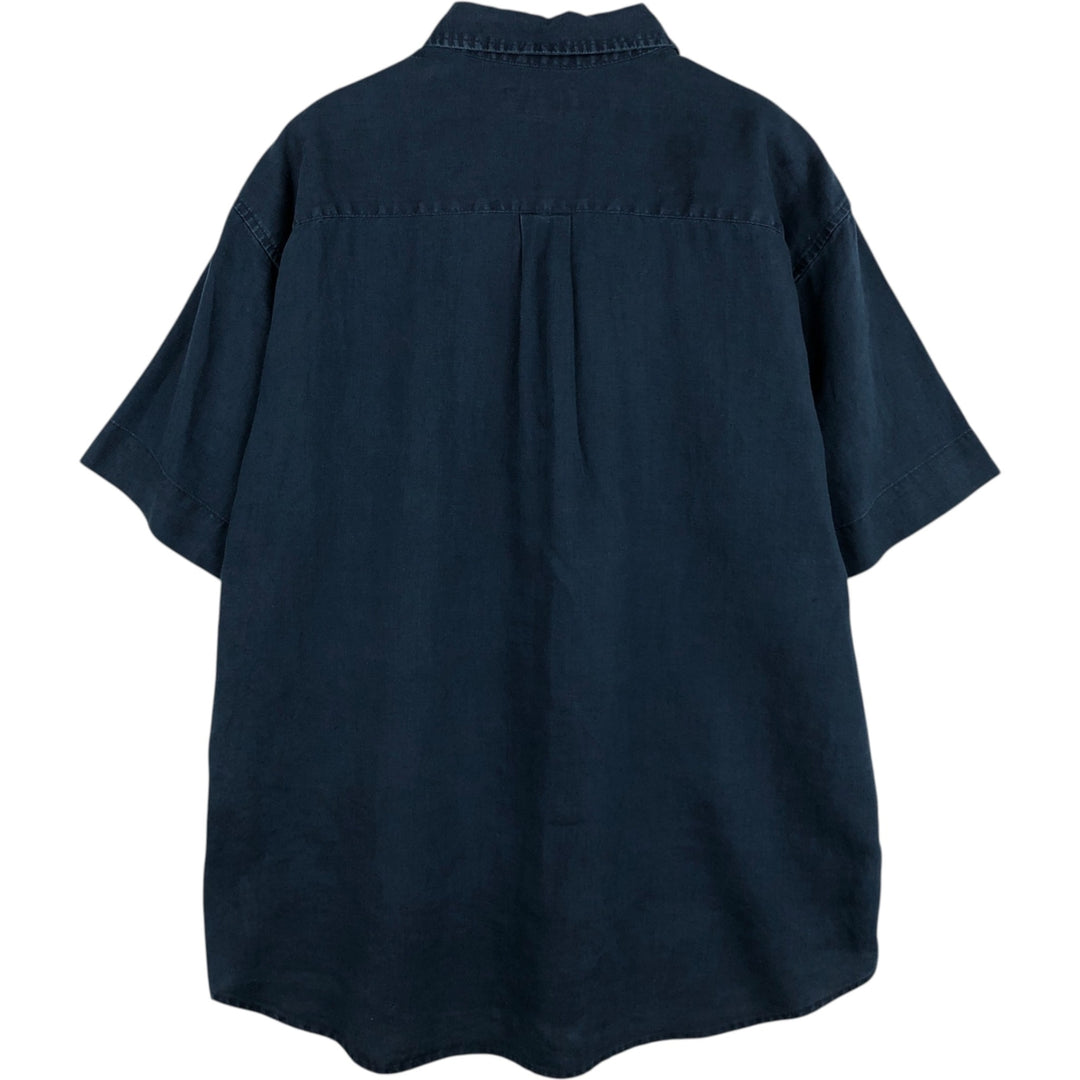 90'S J.Crew Short-Sleeve Linen Shirt, Men's Size XL (Equivalent), Vintage linen navy blue type Vintage Second Hand