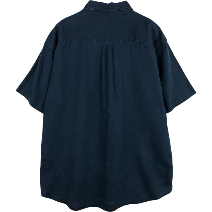 90'S J.Crew Short-Sleeve Linen Shirt, Men's Size XL (Equivalent), Vintage linen navy blue type Vintage Second Hand