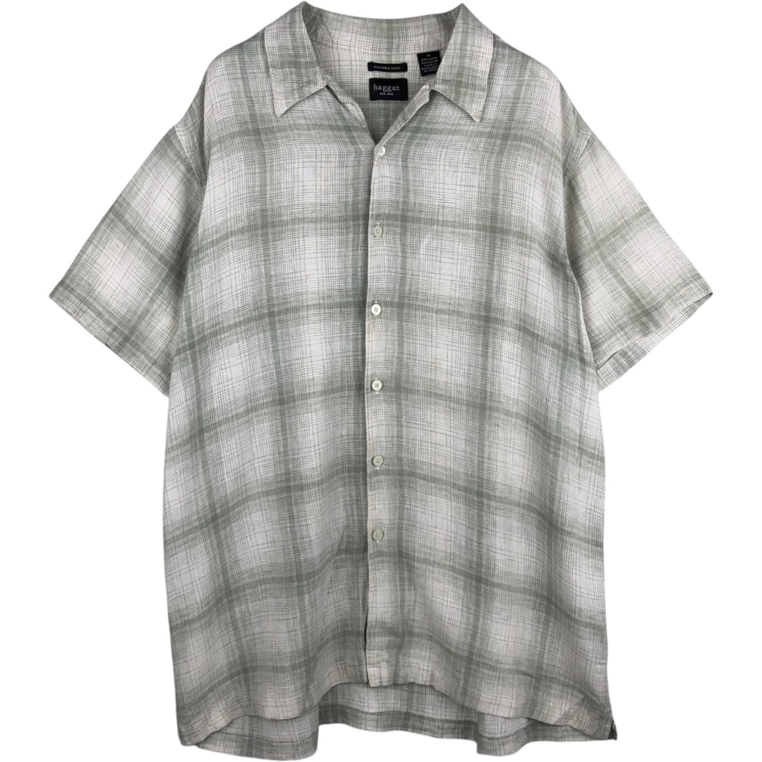 Haggar Check Pattern Short-Sleeve Open Collar Linen Shirt, Men's Size XL (Equivalent), Boxy Shirt linen white type Vintage Second Hand
