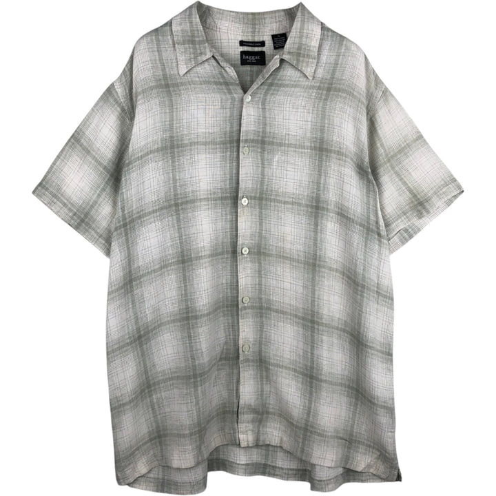 Haggar Check Pattern Short-Sleeve Open Collar Linen Shirt, Men's Size XL (Equivalent), Boxy Shirt linen white type Vintage Second Hand