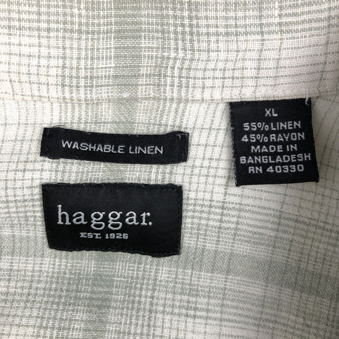 Haggar Check Pattern Short-Sleeve Open Collar Linen Shirt, Men's Size XL (Equivalent), Boxy Shirt linen white type Vintage Second Hand