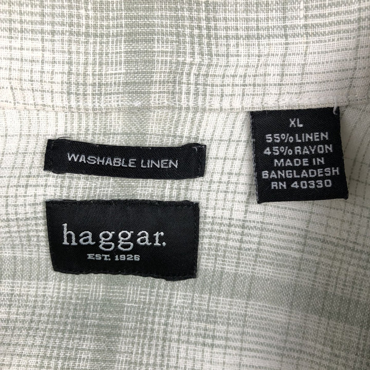 Haggar Check Pattern Short-Sleeve Open Collar Linen Shirt, Men's Size XL (Equivalent), Boxy Shirt linen white type Vintage Second Hand