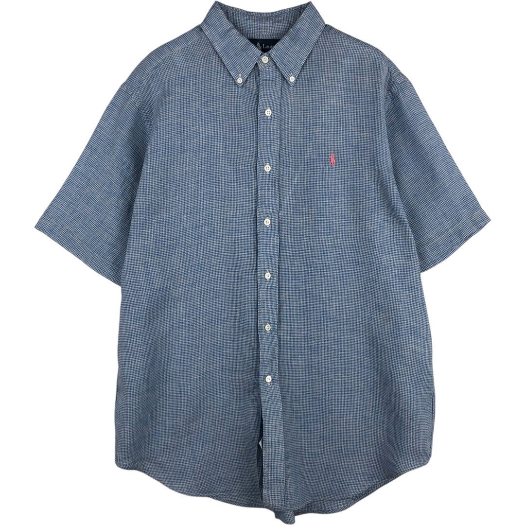 Ralph Lauren Check Pattern Gingham Check Short-Sleeve Linen Button-Down Shirt, Men's Size L (approx.) linen Blue type light blue Vintage Second Hand