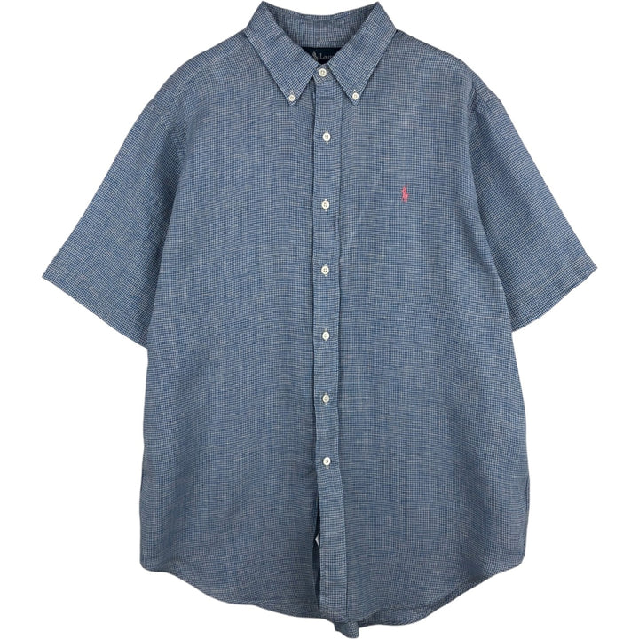 Ralph Lauren Check Pattern Gingham Check Short-Sleeve Linen Button-Down Shirt, Men's Size L (approx.) linen Blue type light blue Vintage Second Hand