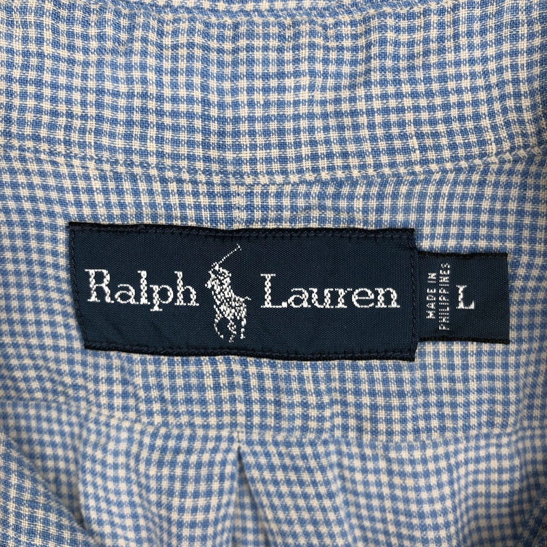 Ralph Lauren Check Pattern Gingham Check Short-Sleeve Linen Button-Down Shirt, Men's Size L (approx.) linen Blue type light blue Vintage Second Hand