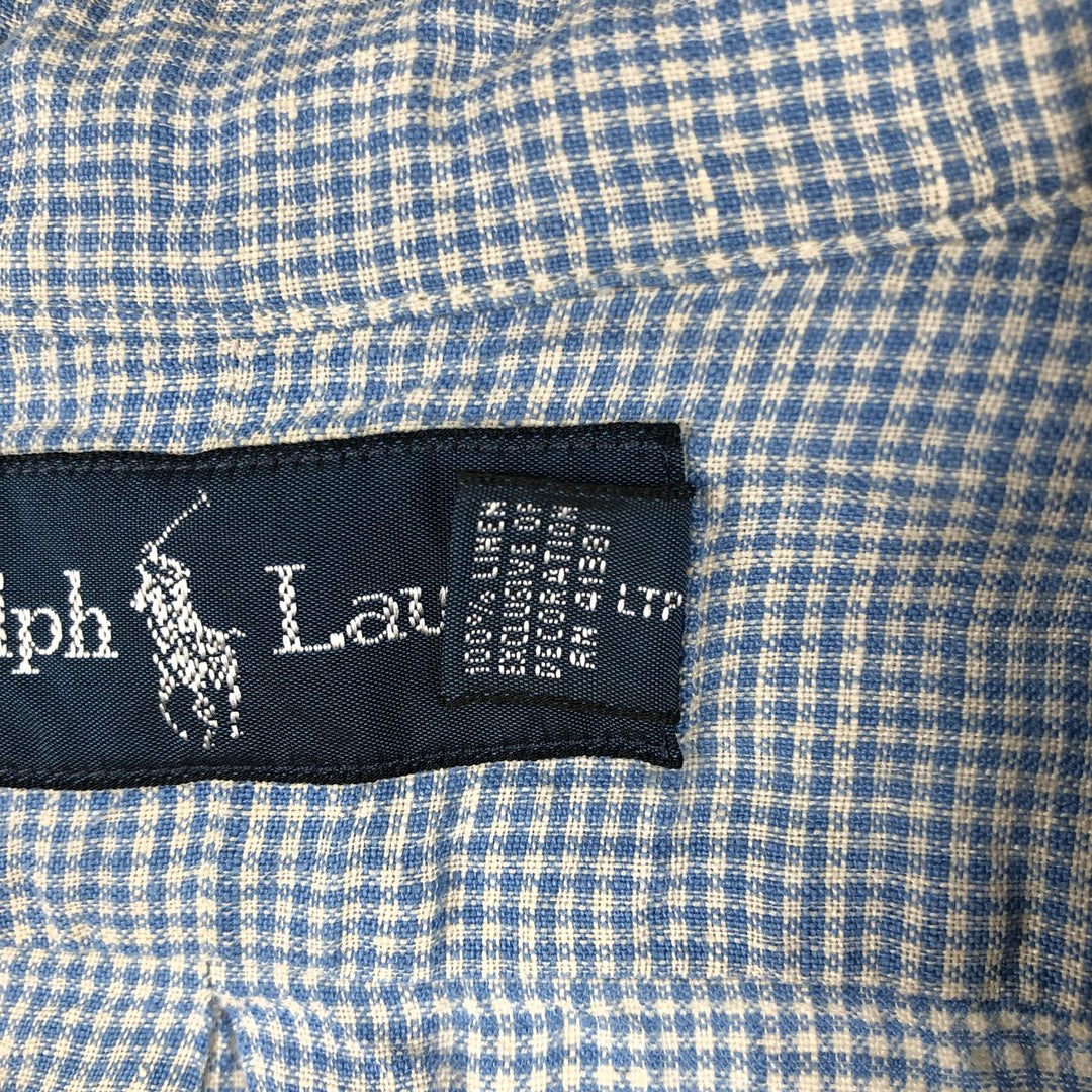 Ralph Lauren Check Pattern Gingham Check Short-Sleeve Linen Button-Down Shirt, Men's Size L (approx.) linen Blue type light blue Vintage Second Hand
