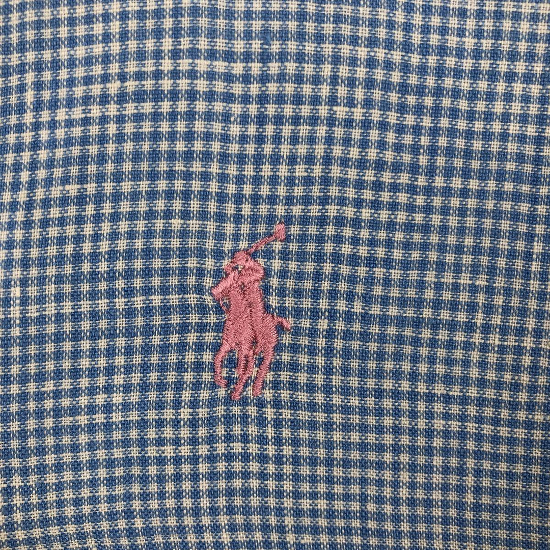 Ralph Lauren Check Pattern Gingham Check Short-Sleeve Linen Button-Down Shirt, Men's Size L (approx.) linen Blue type light blue Vintage Second Hand