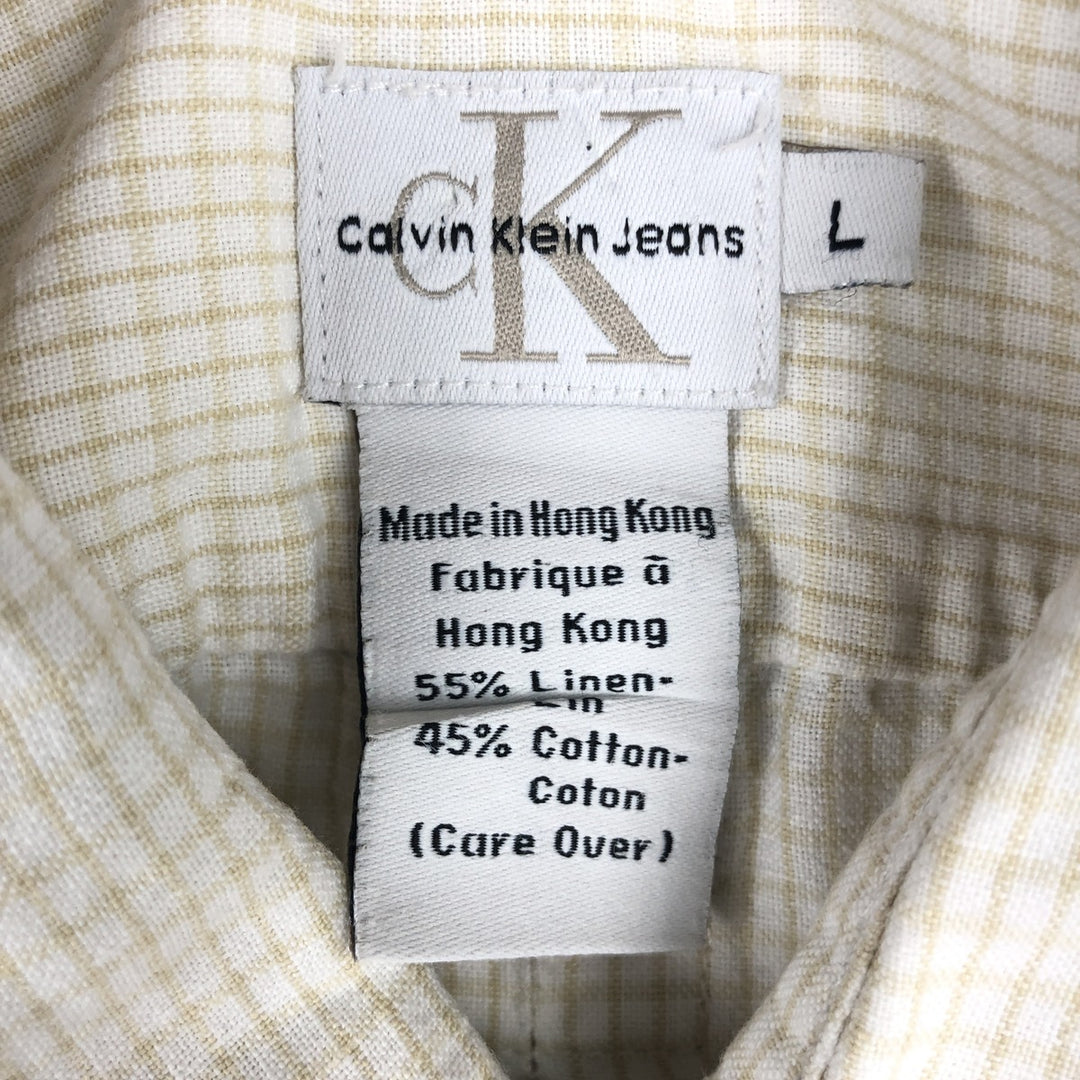 90s-00'S Calvin Klein Jeans Check Pattern Short-Sleeve Cotton x Linen Box Shirt, Men's Size L (approx.), Vintage linen Beige type Vintage Second Hand