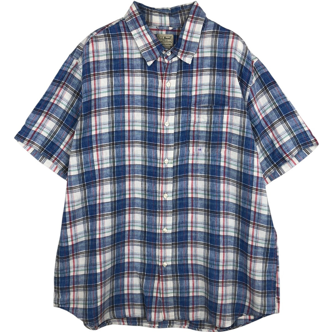 LLBean Check Pattern Short-Sleeve Linen Button-Down Shirt, Men's Size XL (approx.) linen white type Vintage Second Hand