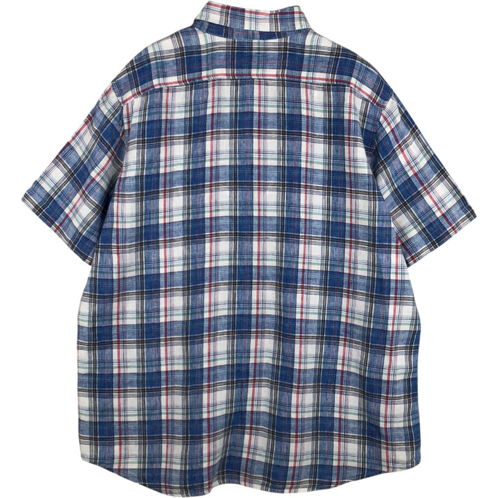 LLBean Check Pattern Short-Sleeve Linen Button-Down Shirt, Men's Size XL (approx.) linen white type Vintage Second Hand