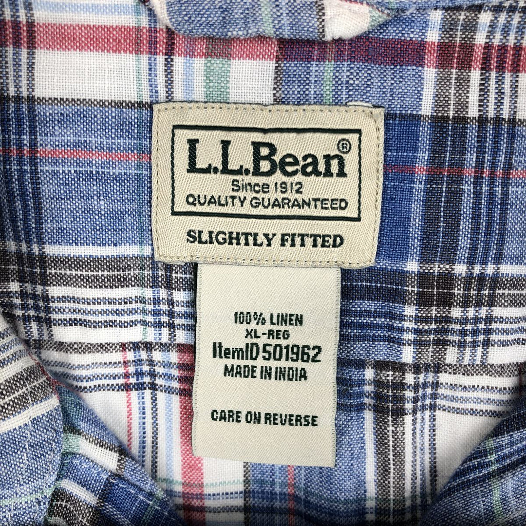 LLBean Check Pattern Short-Sleeve Linen Button-Down Shirt, Men's Size XL (approx.) linen white type Vintage Second Hand