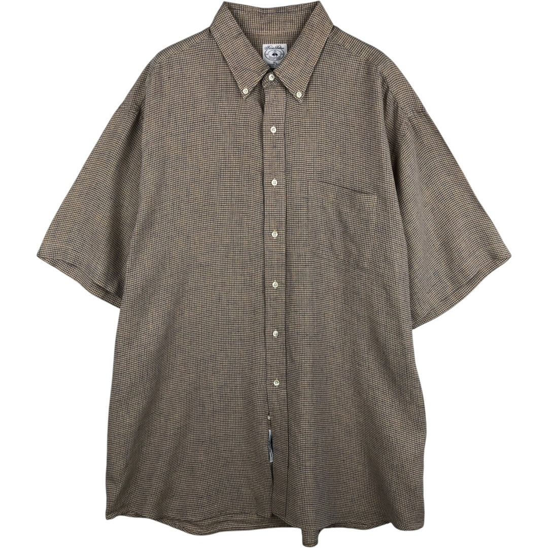 Brooks Brothers SPORT SHIRT Check Pattern Short-Sleeve Linen Button-Down Shirt, Men's Size XL (approx.) linen beige type brown Vintage Second Hand