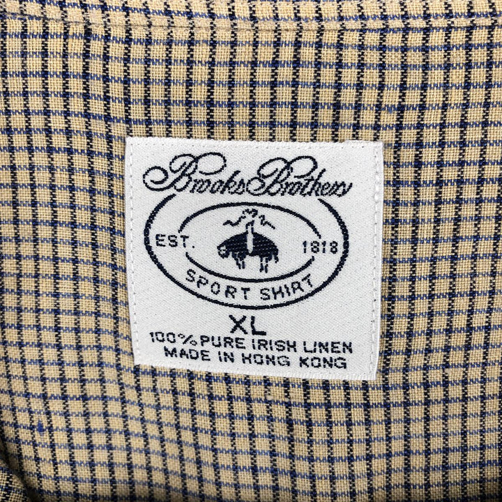 Brooks Brothers SPORT SHIRT Check Pattern Short-Sleeve Linen Button-Down Shirt, Men's Size XL (approx.) linen beige type brown Vintage Second Hand