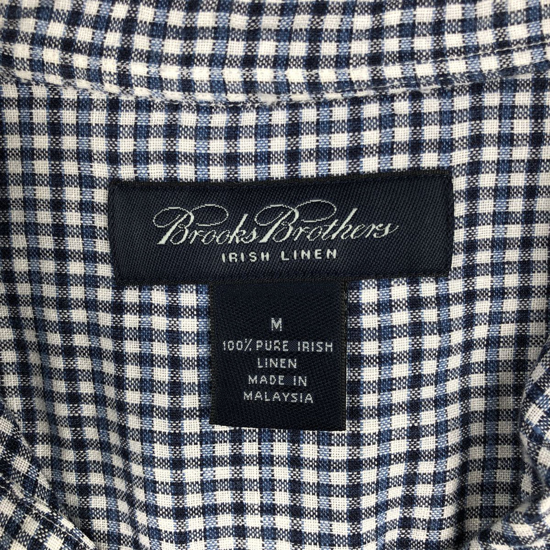 Brooks Brothers Check Pattern Short-Sleeve Linen Button-Down Shirt, Men's Size M (approx.) linen white type Vintage Second Hand