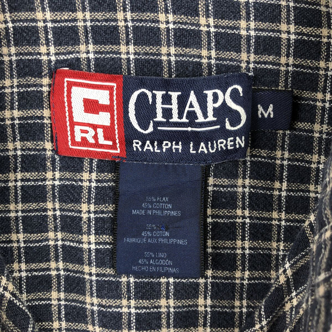 Ralph Lauren CHAPS Check Pattern Short-Sleeve Cotton x Linen Button-Down Shirt, Men's Size M (approx.) linen black type Vintage Second Hand