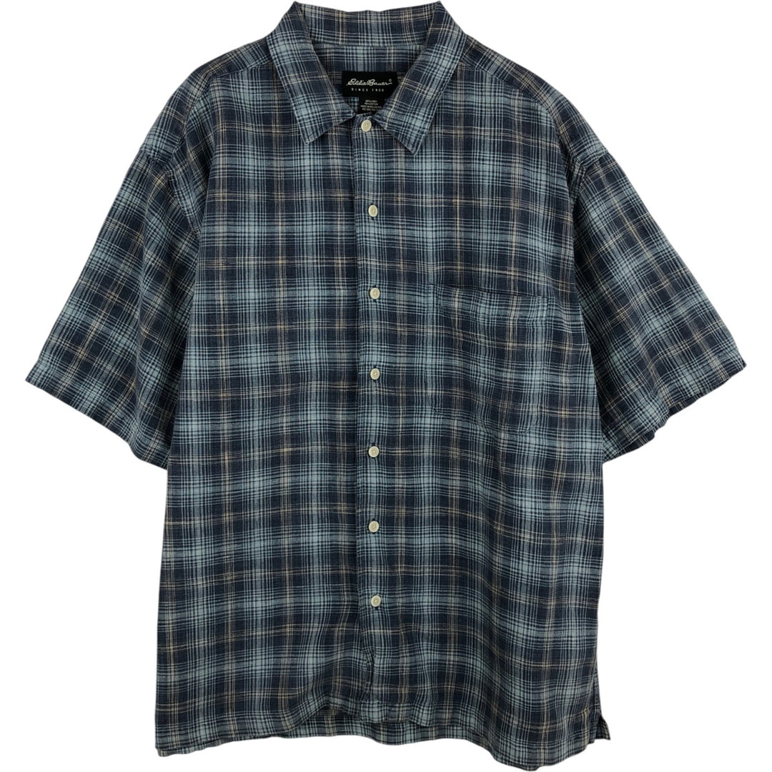 Eddie Bauer Check Pattern Short-Sleeve Linen x Cotton Button-Down Shirt, Men's Size L (approx.) linen navy blue type Vintage Second Hand