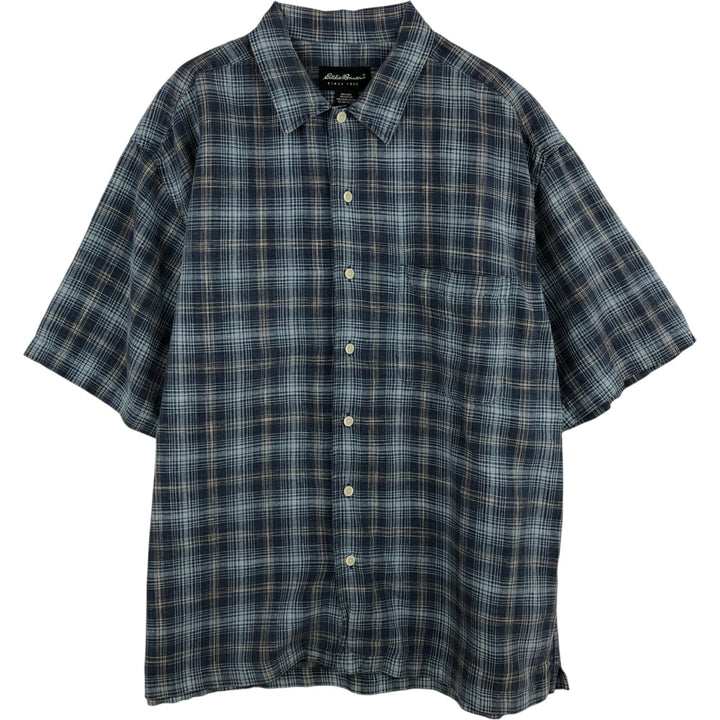 Eddie Bauer Check Pattern Short-Sleeve Linen x Cotton Button-Down Shirt, Men's Size L (approx.) linen navy blue type Vintage Second Hand