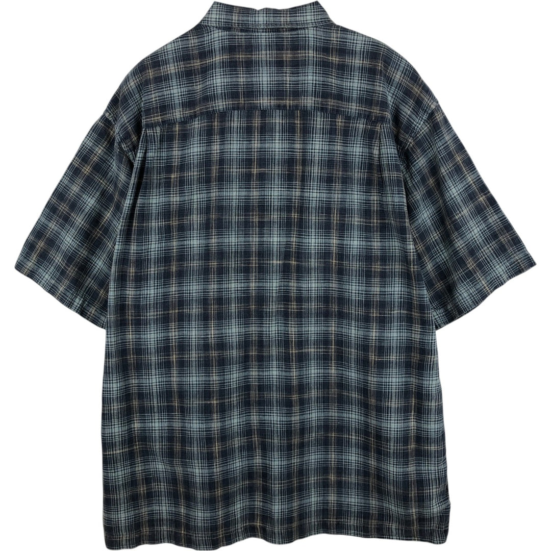 Eddie Bauer Check Pattern Short-Sleeve Linen x Cotton Button-Down Shirt, Men's Size L (approx.) linen navy blue type Vintage Second Hand