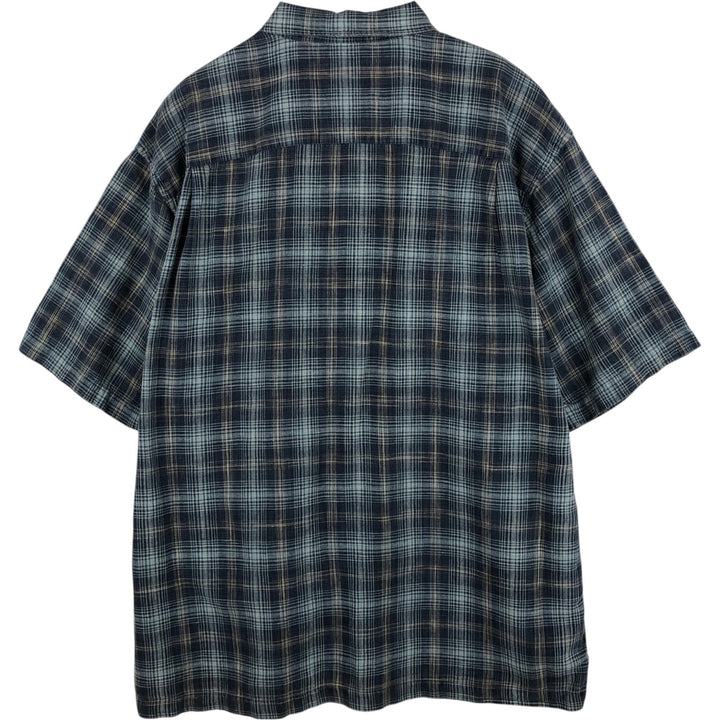 Eddie Bauer Check Pattern Short-Sleeve Linen x Cotton Button-Down Shirt, Men's Size L (approx.) linen navy blue type Vintage Second Hand