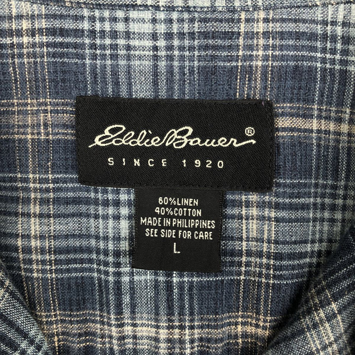 Eddie Bauer Check Pattern Short-Sleeve Linen x Cotton Button-Down Shirt, Men's Size L (approx.) linen navy blue type Vintage Second Hand